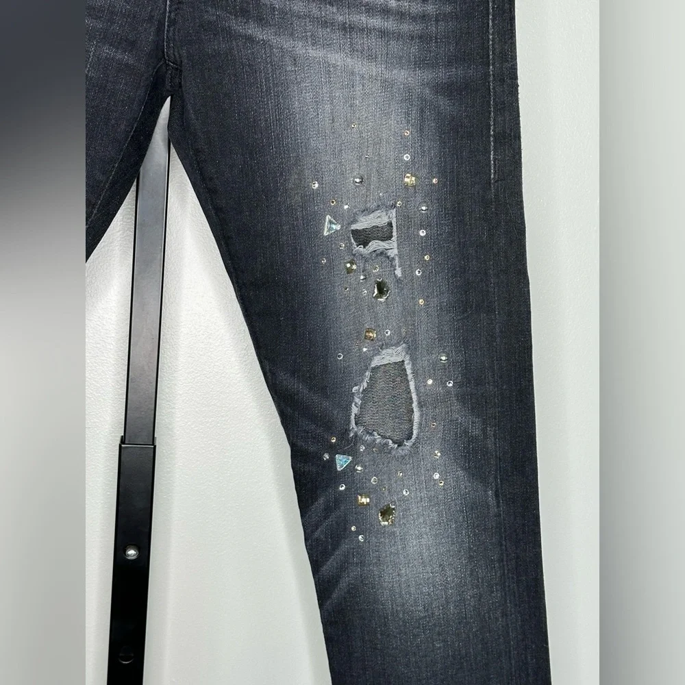 True Religion Women's Low Rise Relaxed Skinny Jeans with Rhinestones distressed